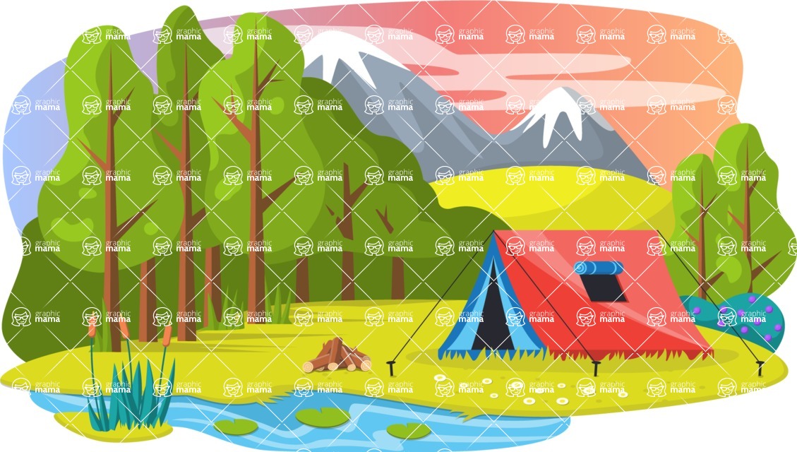 Vector Landscape Mega Bundle - Tent in the Woods Landscape Vector Background Illustration